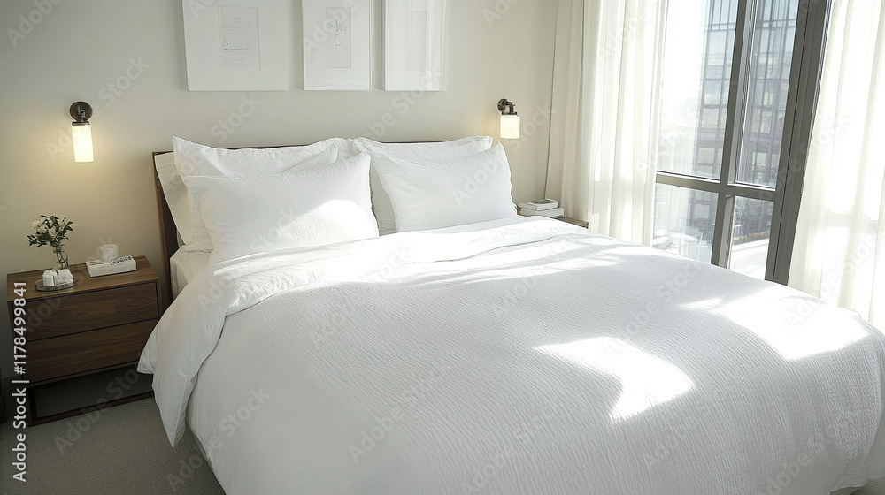 Minimal bedroom with white bedding and natural light Minimal bedroom with white bedding and natural light