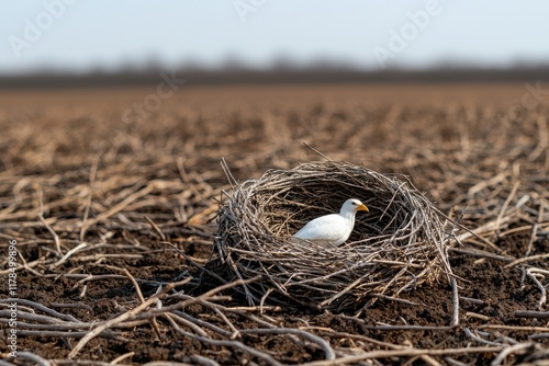 Bird nesting action open field location nature content dry environment ground-level viewpoint wildlife concept
