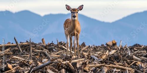 Deer standing amidst timber debris in mountainous landscape nature photography wildlife conservation peaceful setting photo