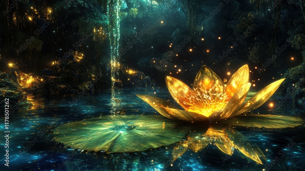 Obraz premium Ethereal Enchantment: Glowing Flower Floating on Serene Water