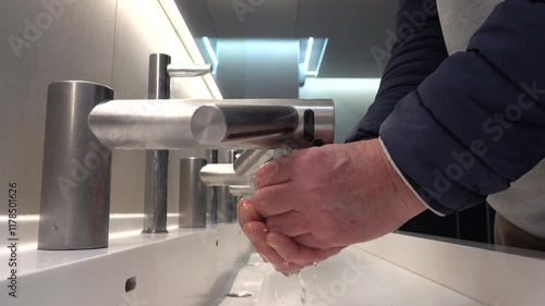 Vilnius, Lithuania A man washes his hands in a public bathroom and dries them with a dryer on the faucet.