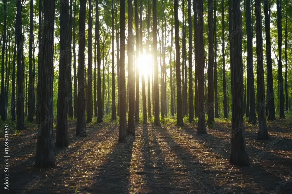 Obraz premium Sunlight filtering through tall trees in lush forest nature photography tranquil environment scenic view