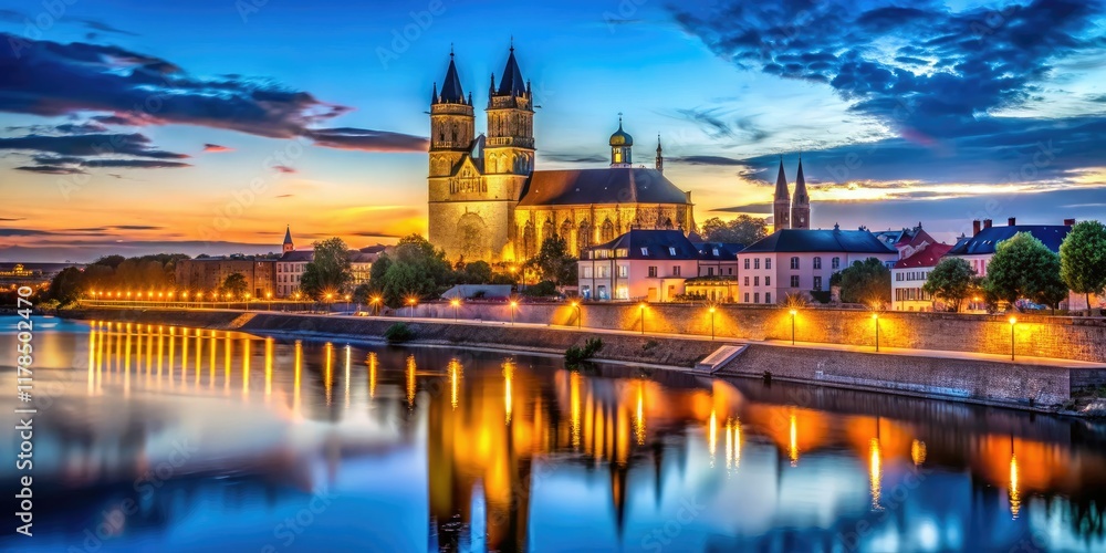 Obraz premium Elbe River Night Photography Magdeburg Cathedral