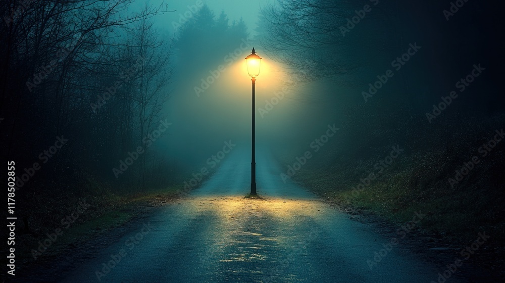 Fototapeta premium Solitary street lamp illuminating an empty road under a dark