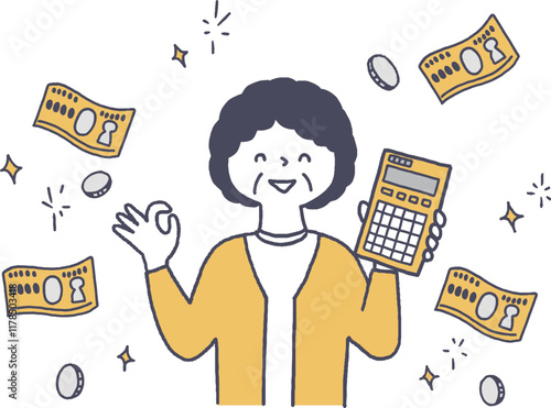 電卓を持っているお金持ちのシニア女性単色
