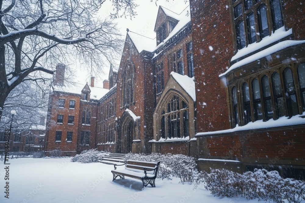 Fototapeta premium Beautiful snow-covered university campus with historic buildings and benches in winter