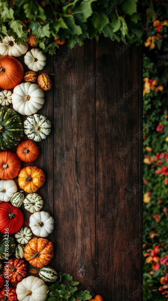 Autumn Harvest Pumpkins Gourds Fall Decor on Rustic Wood Autumn Harvest Pumpkins Gourds Fall Decor on Rustic Wood