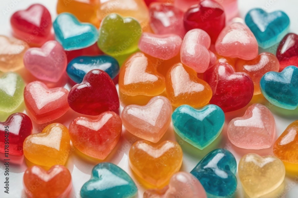Close-up of shiny, heart-shaped pastel gummies placed on a white surface Close-up of shiny, heart-shaped pastel gummies placed on a white surface