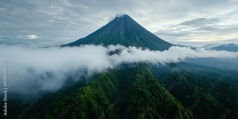 Fototapeta premium A majestic volcano surrounded by lush rainforest, with clouds swirling around its peak