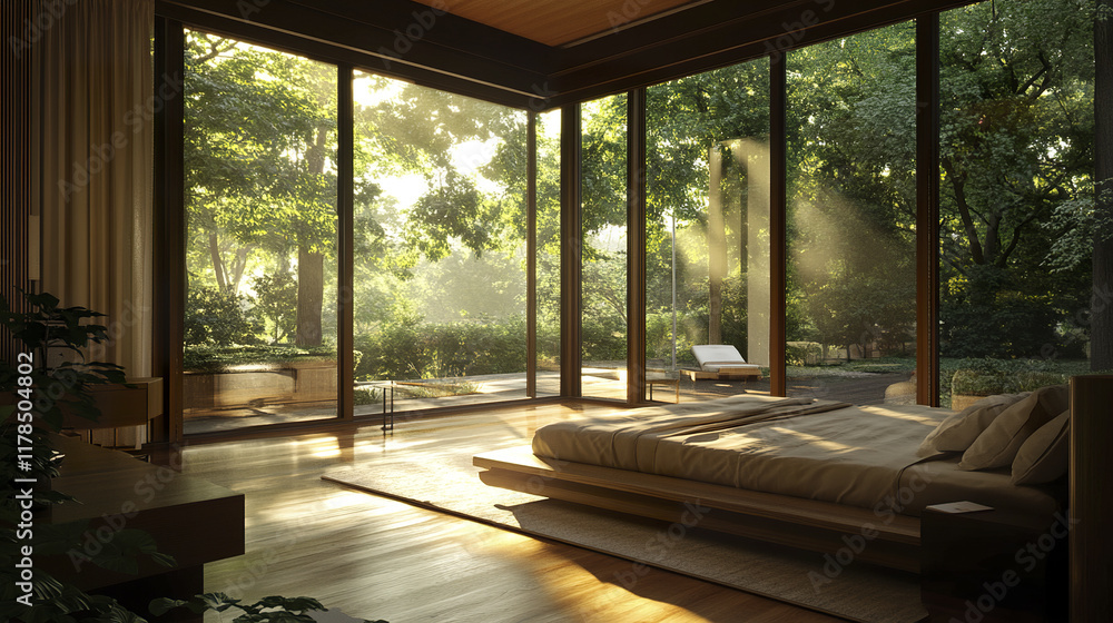 Fototapeta premium Modern bedroom with large windows and sunlight streaming in