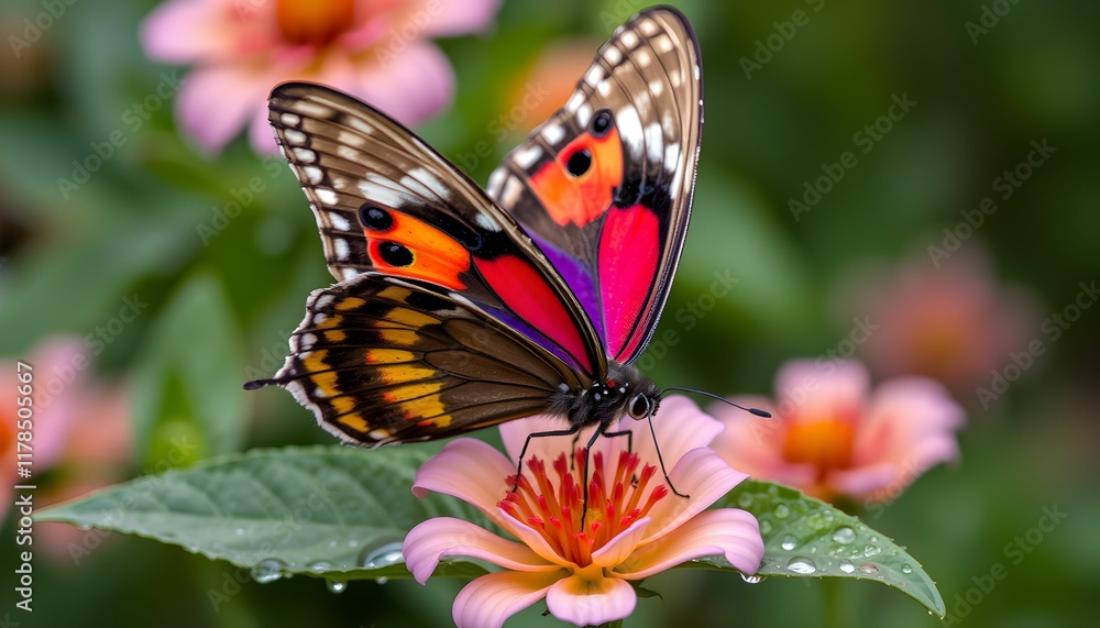 Fototapeta premium Spectacular Rainbow Butterfly on a Pink Flower