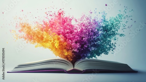 An open book with a burst of colorful powder, representing creativity, imagination, and the power of storytelling.