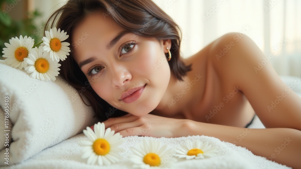 A serene young woman gazes directly, a subtle smile on her lips, against a soft blur of blue sky and green foliage, surrounded by delicate white daisies A serene young woman gazes directly, a subtle smile on her lips, against a soft blur of blue sky and green foliage, surrounded by delicate white daisies