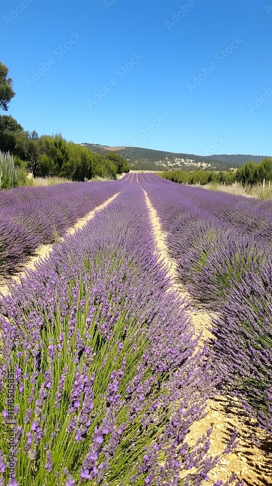 Fototapeta premium Tranquil lavender fields under a clear daytime sky, with rows of purple flowers stretching to the horizon. Captures the tranquility and beauty of nature