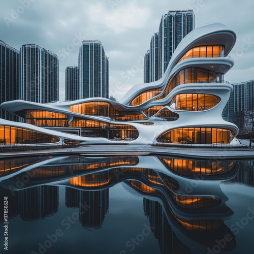 Modern architectural marvel with glowing windows, reflecting on water, surrounded by towering skyscrapers in an urban landscape. photo