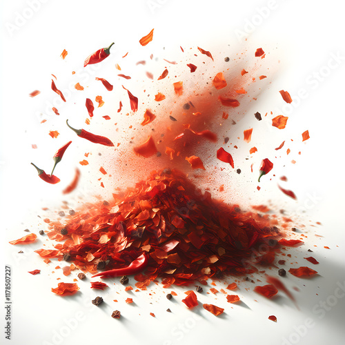 spicy chili red pepper flakes in motion. The flakes should appear as if they are flying and scattering mid-air, with some pieces finely chopped, others coarsely milled. The vibrant red and orange tone photo