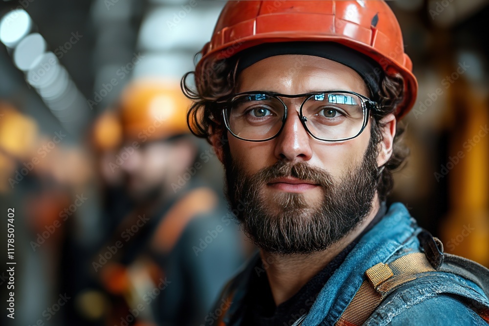 Engineer in hardhat and glasses at industrial site, workers in background. Engineer in hardhat and glasses at industrial site, workers in background.