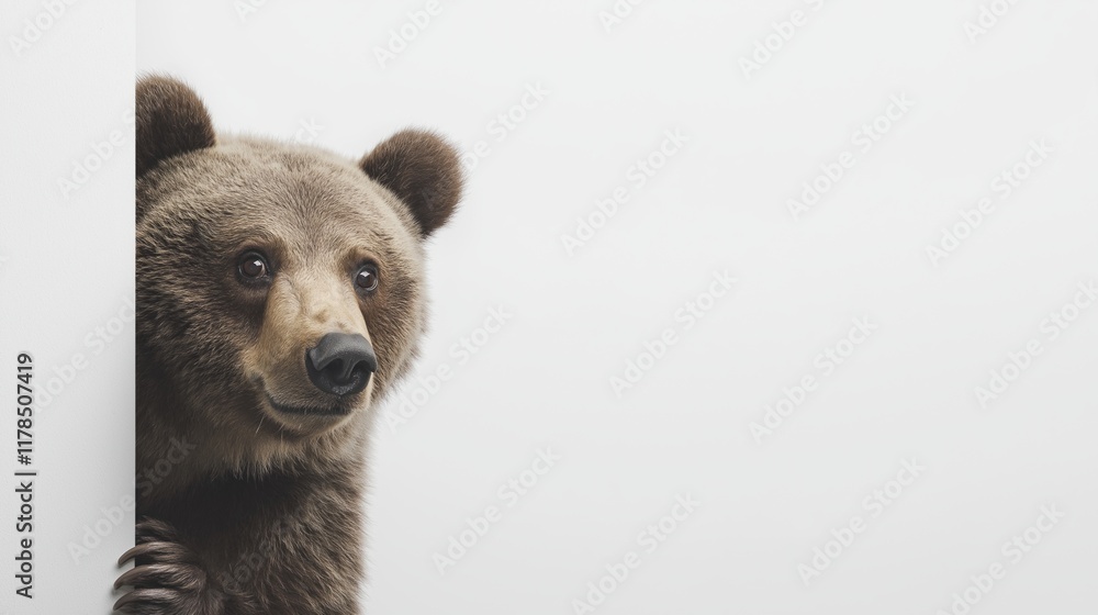 Charming bear looking playfully behind wall Charming bear looking playfully behind wall