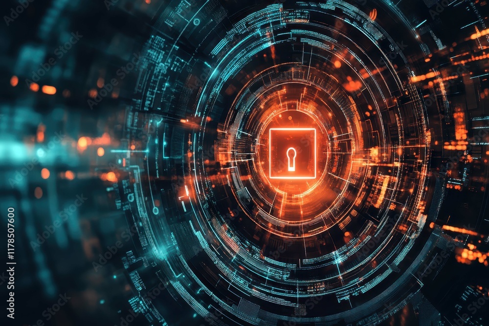 Obraz premium Digital lock symbol surrounded by glowing data patterns in a high-tech environment
