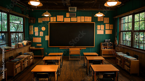 A Vintage Classroom's Serene Charm. This image captures the essence of classic education, with wooden desks, a chalkboard, and warm lighting creating a nostalgic and inviting atmosphere. photo