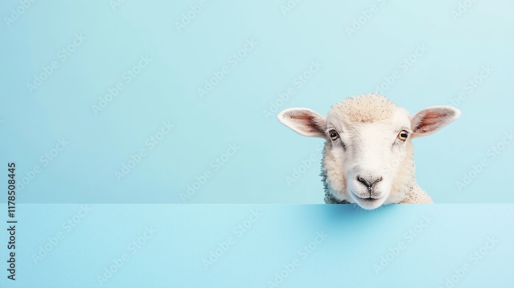 Fototapeta premium A playful sheep looking over a barrier.
