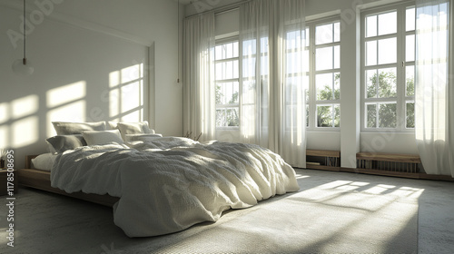 Modern minimal bedroom with king sized bed and textured linens photo