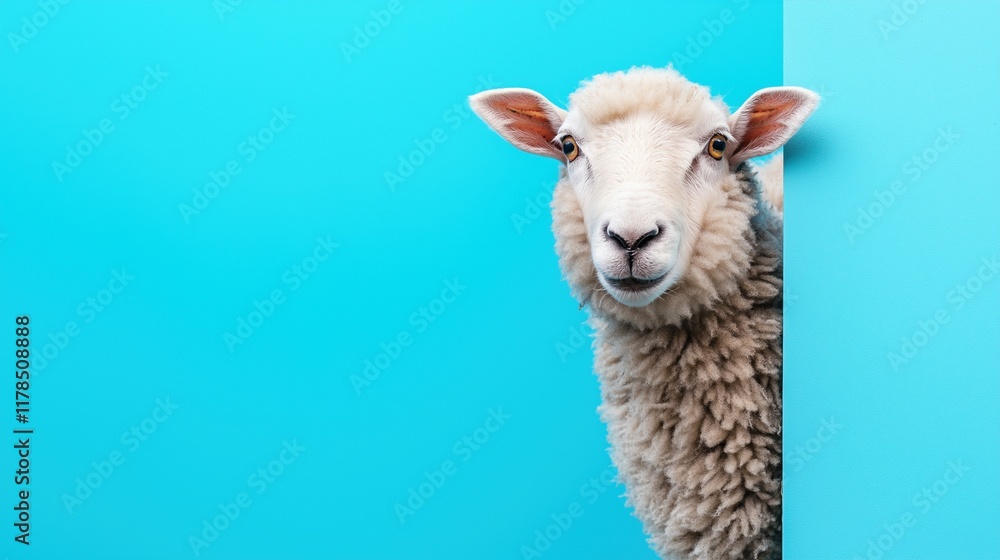 A cheerful sheep behind a blue surface A cheerful sheep behind a blue surface