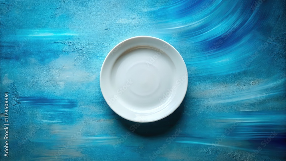 Empty White Plate on Blue Concrete, Long Exposure, Top View, Copy Space Empty White Plate on Blue Concrete, Long Exposure, Top View, Copy Space