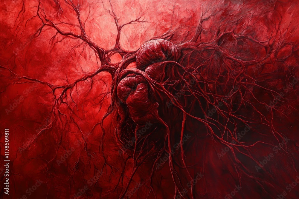 Obraz premium Intricate artwork depicting the connection between heart and mind through vivid red tones and detailed anatomical elements