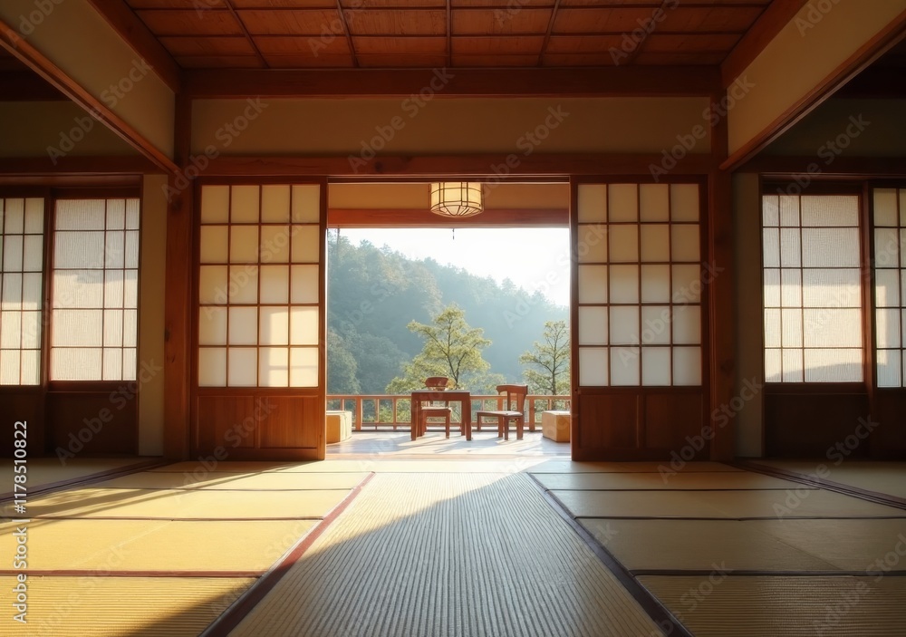 Obraz premium Tranquil Japanese interior overlooking mountains with natural light in morning