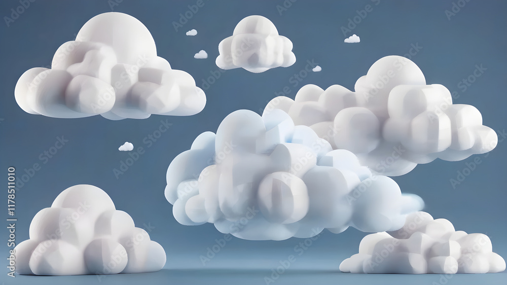 White 3d clouds set isolated on a blue background. Render soft round cartoon fluffy clouds icon in the blue sky. 3d geometric shapes vector illustration White 3d clouds set isolated on a blue background. Render soft round cartoon fluffy clouds icon in the blue sky. 3d geometric shapes vector illustration