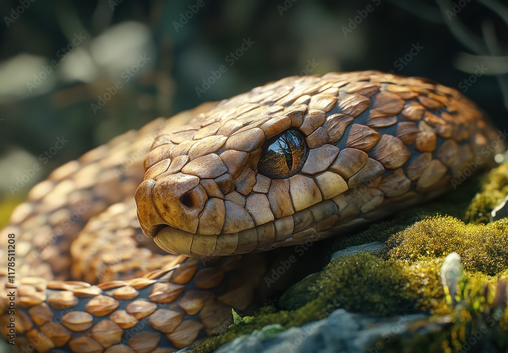 Captivating Close-Up of a Textured Snake Coiled Among Moss in a Serene Natural Habitat, Showcasing Intricate Pattern and Beautiful Colors of Reptile Captivating Close-Up of a Textured Snake Coiled Among Moss in a Serene Natural Habitat, Showcasing Intricate Pattern and Beautiful Colors of Reptile