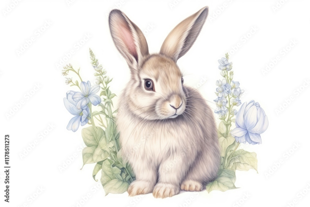 Fototapeta premium Aesthetic color pencil illustration of bunny drawing rodent animal.