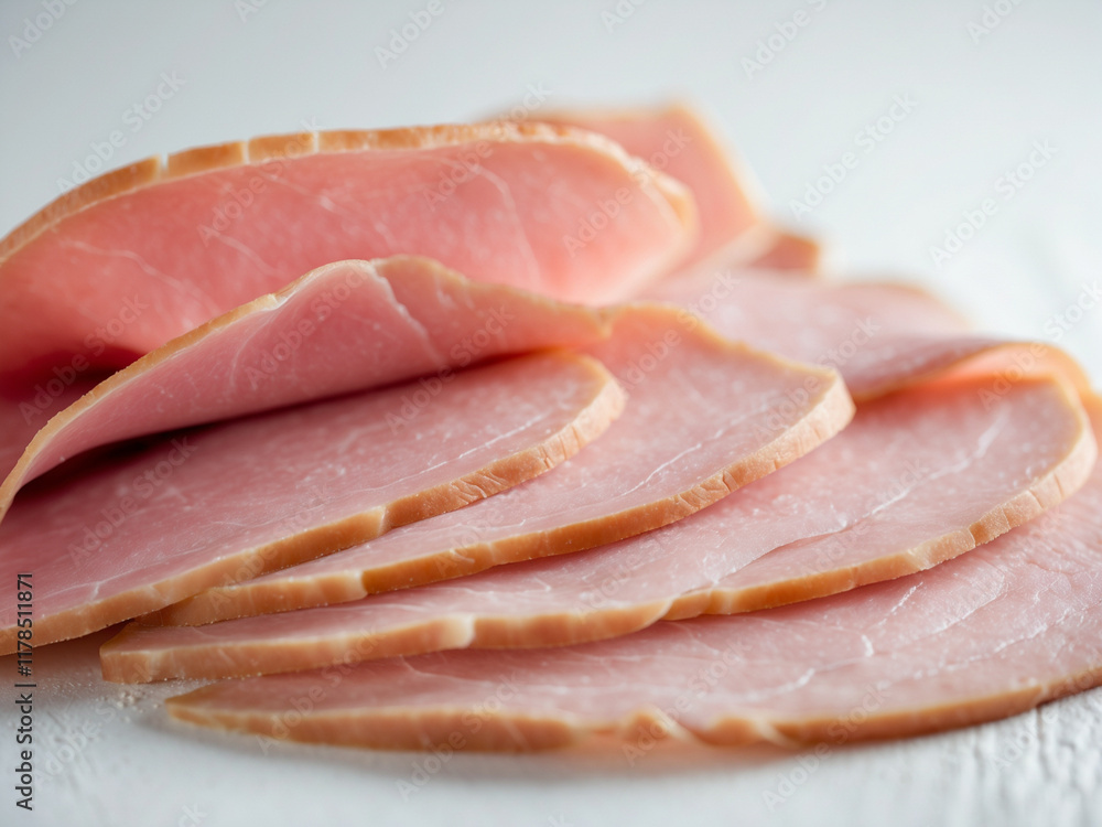 thinly sliced smoked ham stacked neatly on a white background. High-detail and minimalist composition, ideal for food industry, cooking, or recipe-related projects.