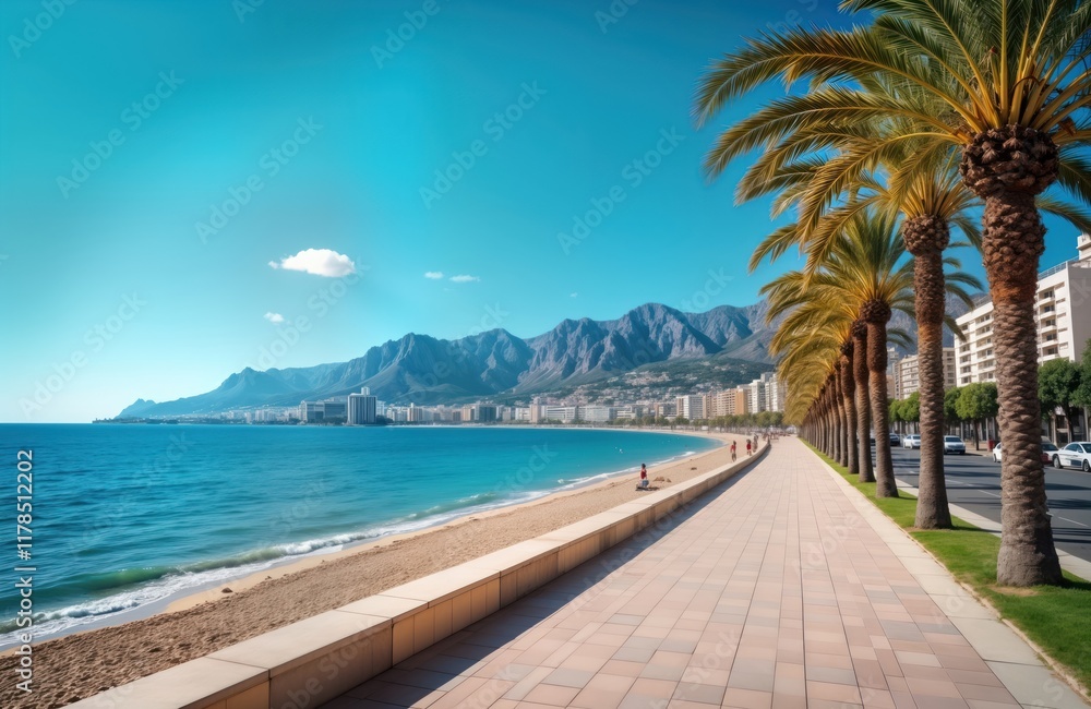 Fototapeta premium Sunny promenade along Mediterranean sea beach in Albir resort town Spain. People relax on beach, stroll along boulevard. Palm trees line promenade. Blue sea water, mountains in background. Scenic
