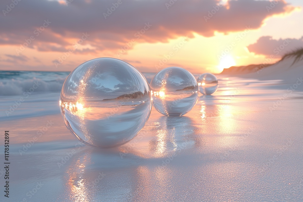 Glass spheres on beach at sunset reflecting ocean and sky. Glass spheres on beach at sunset reflecting ocean and sky.