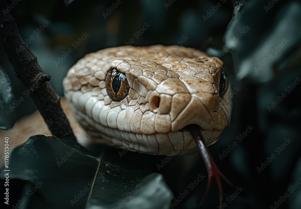 Obraz premium Close-Up of a Beautiful Snake in a Lush Green Environment with Detailed Scales and Striking Eyes, Captured in Natural Habitat with Tongue Flicking