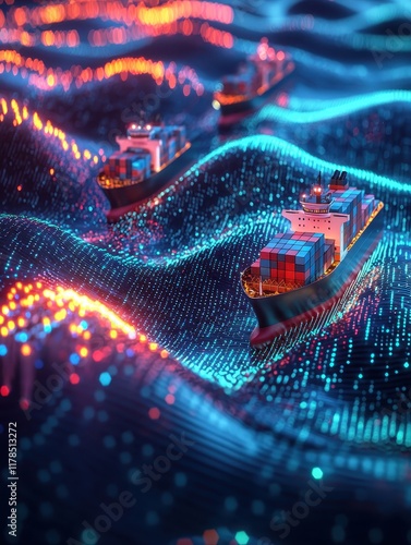 A vibrant digital ocean scene featuring cargo ships sailing through glowing waves of data, showcasing the intersection of technology and maritime transport.