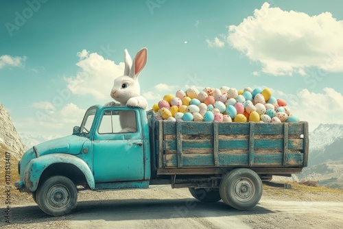 Cute rabbit delivering colorful easter eggs in a vintage truck on a sunny day