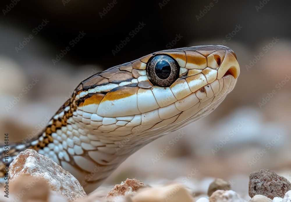 Close-Up of a Colorful Snake Head Displaying Intricate Scales and Piercing Eye Amidst Stone Surface in Natural Habitat Close-Up of a Colorful Snake Head Displaying Intricate Scales and Piercing Eye Amidst Stone Surface in Natural Habitat