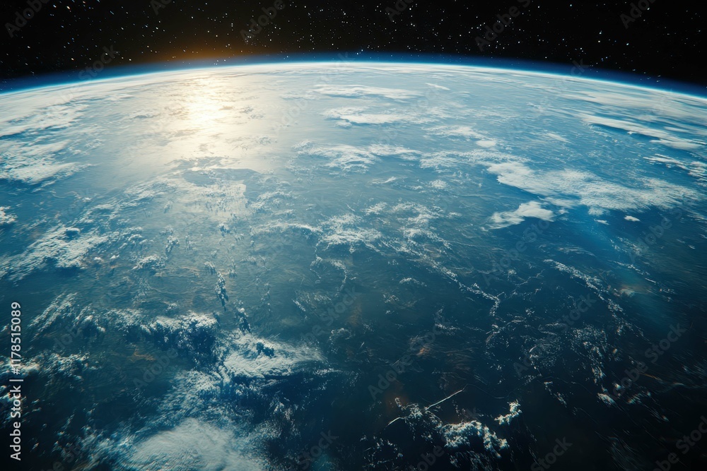 Fototapeta premium Earth viewed from space at dawn with sunlight illuminating the horizon and clouds forming an intricate pattern