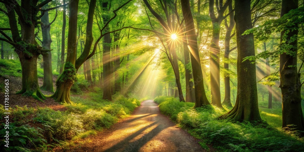 Naklejka premium High Depth of Field Photography: Mystical Forest Path, Sunbeams, Deep Shadows, Lush Greenery, Magical Atmosphere, Fantasy Landscape, Nature Scene, Artistic Image, Dramatic Lighting, Detailed Texture