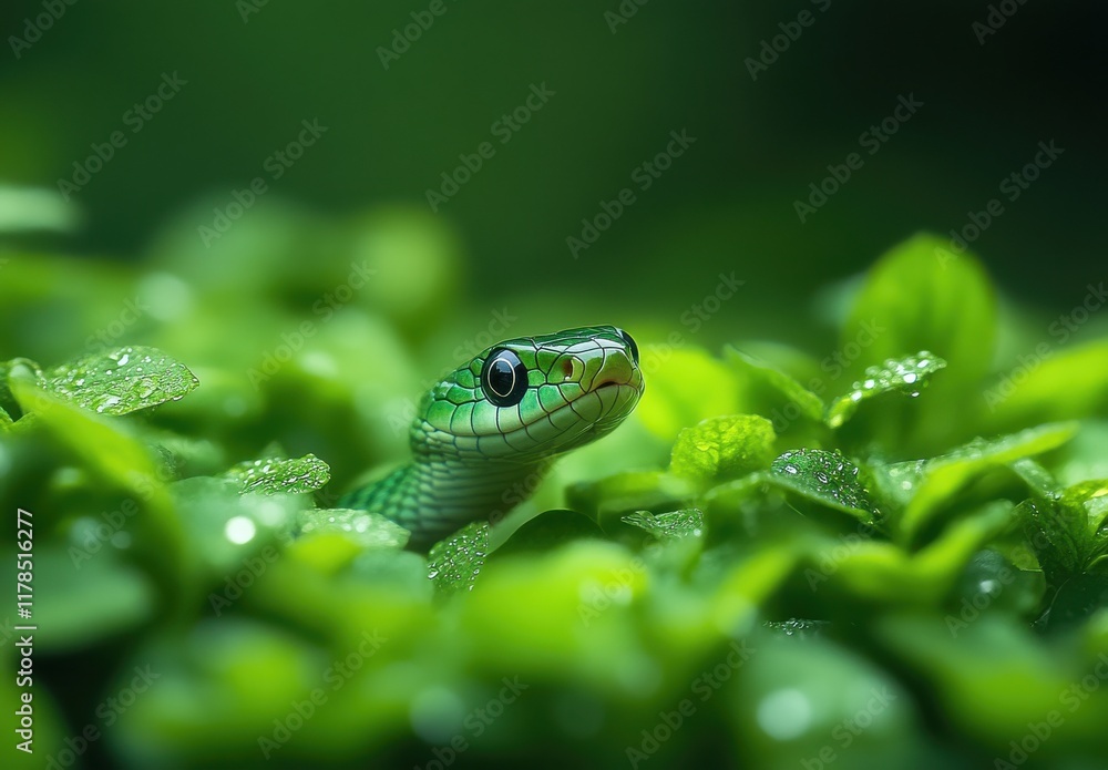 Close-Up of a Green Snake Coiled Among Lush Green Leaves with Water Droplets Creating a Serene and Vibrant Natural Environment in the Tropical Forest Close-Up of a Green Snake Coiled Among Lush Green Leaves with Water Droplets Creating a Serene and Vibrant Natural Environment in the Tropical Forest