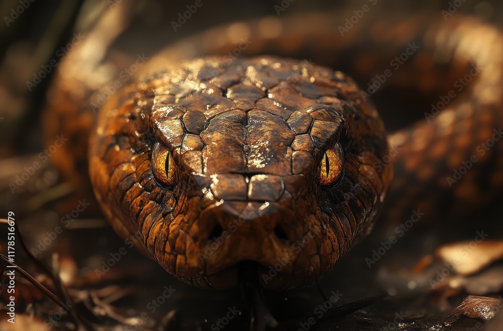 Close-Up of a Majestic Snake with Glossy Scales and Intense Amber Eyes in a Natural Environment, Showcasing the Beauty of Wildlife and Reptiles Close-Up of a Majestic Snake with Glossy Scales and Intense Amber Eyes in a Natural Environment, Showcasing the Beauty of Wildlife and Reptiles