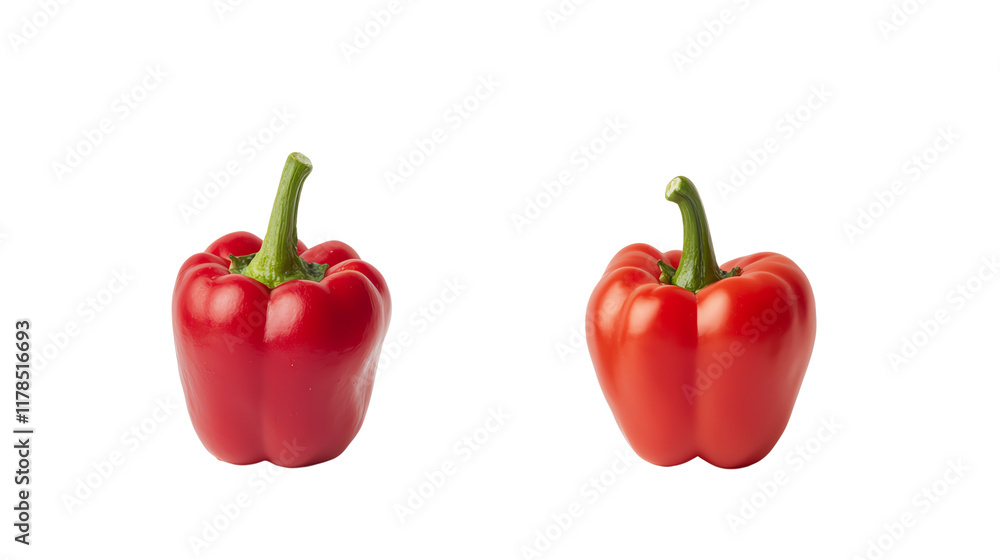 Two vibrant red bell peppers with distinct shapes and green stems, showcasing their freshness and appeal. Two vibrant red bell peppers with distinct shapes and green stems, showcasing their freshness and appeal.