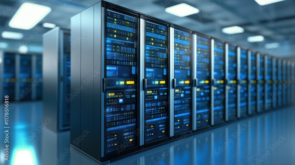Powerful servers in a data center, the backbone of modern technology and global connectivity Powerful servers in a data center, the backbone of modern technology and global connectivity