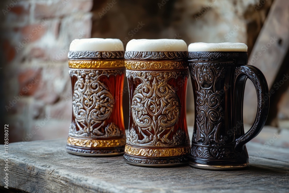 Crafted beer mugs display rich designs and frothy beverages on rustic wooden table in cozy brewery setting Crafted beer mugs display rich designs and frothy beverages on rustic wooden table in cozy brewery setting