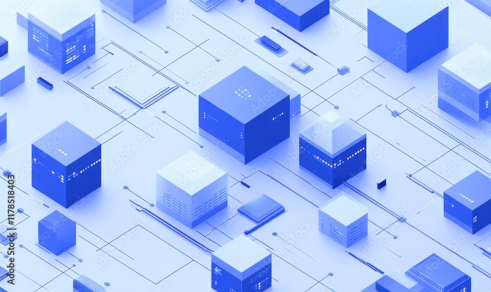 Abstract 3D isometric blue cubes network. Abstract 3D isometric blue cubes network.