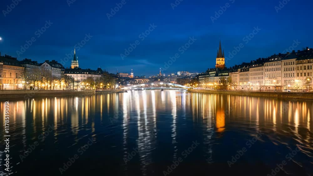 Timelapse Cityscape with Illuminated Night Lights, River Reflection, and Bridge Timelapse Cityscape with Illuminated Night Lights, River Reflection, and Bridge