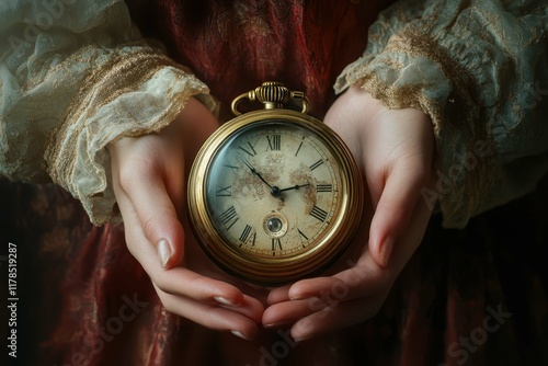 Elegant hands holding a vintage pocket watch in soft natural light, symbolizing the passage of time and nostalgia photo